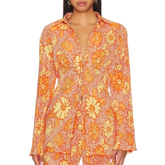 Camila Coelho Revolve Pacha Orange Floral Crinkle Top Size Small